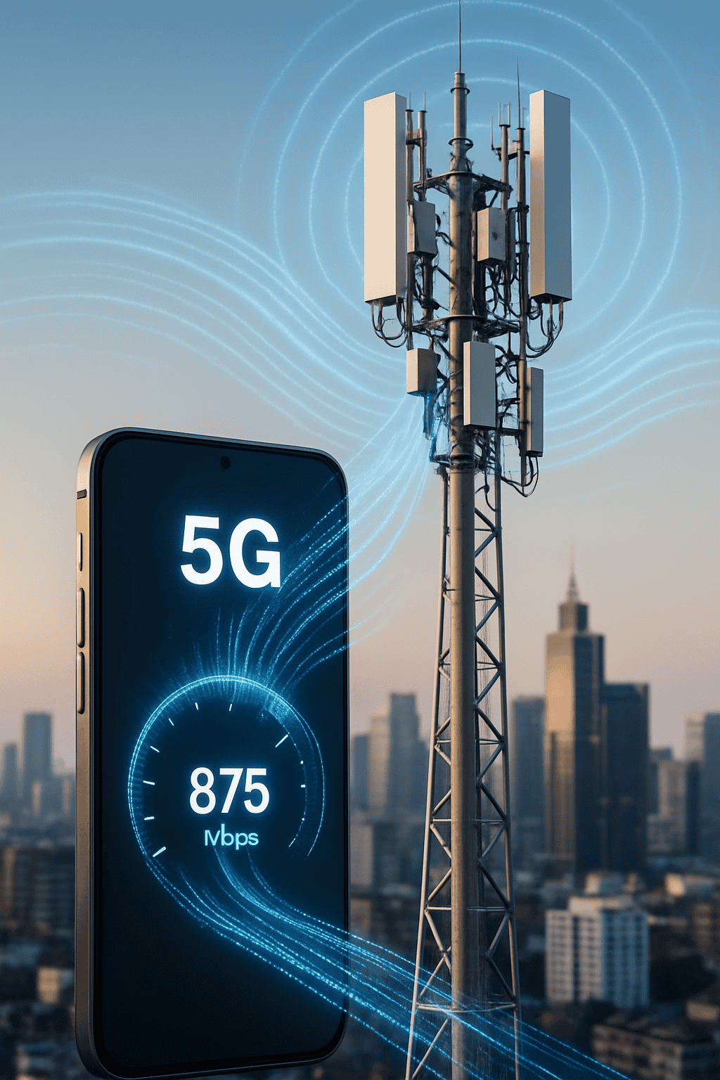 5G cell tower with advanced antenna arrays against an urban skyline, with digital waves connecting to a smartphone displaying ultra-fast connection speeds of 875 Mbps.