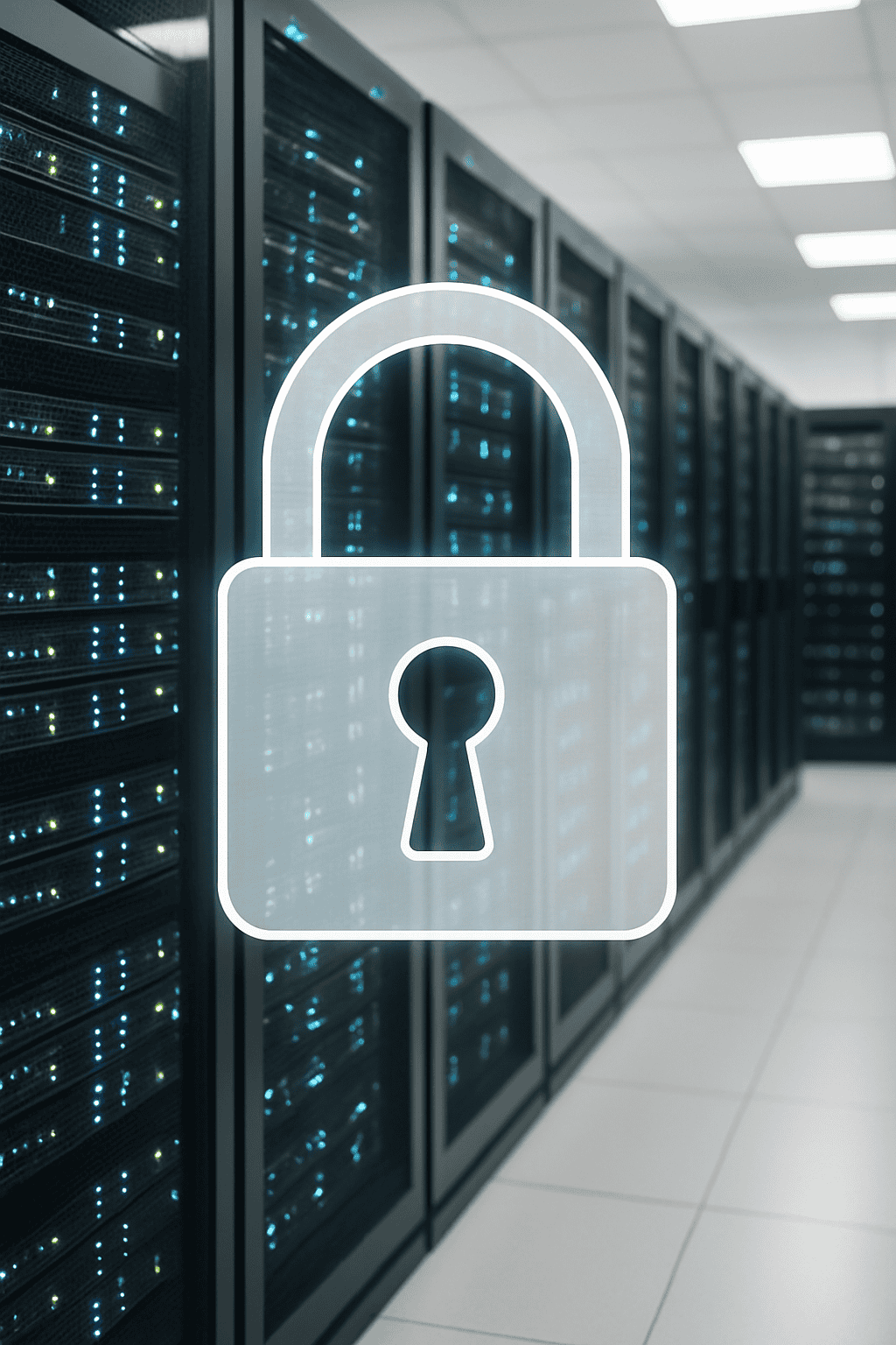 A server room aisle with glowing server racks, overlaid with a transparent digital padlock icon symbolizing business cybersecurity