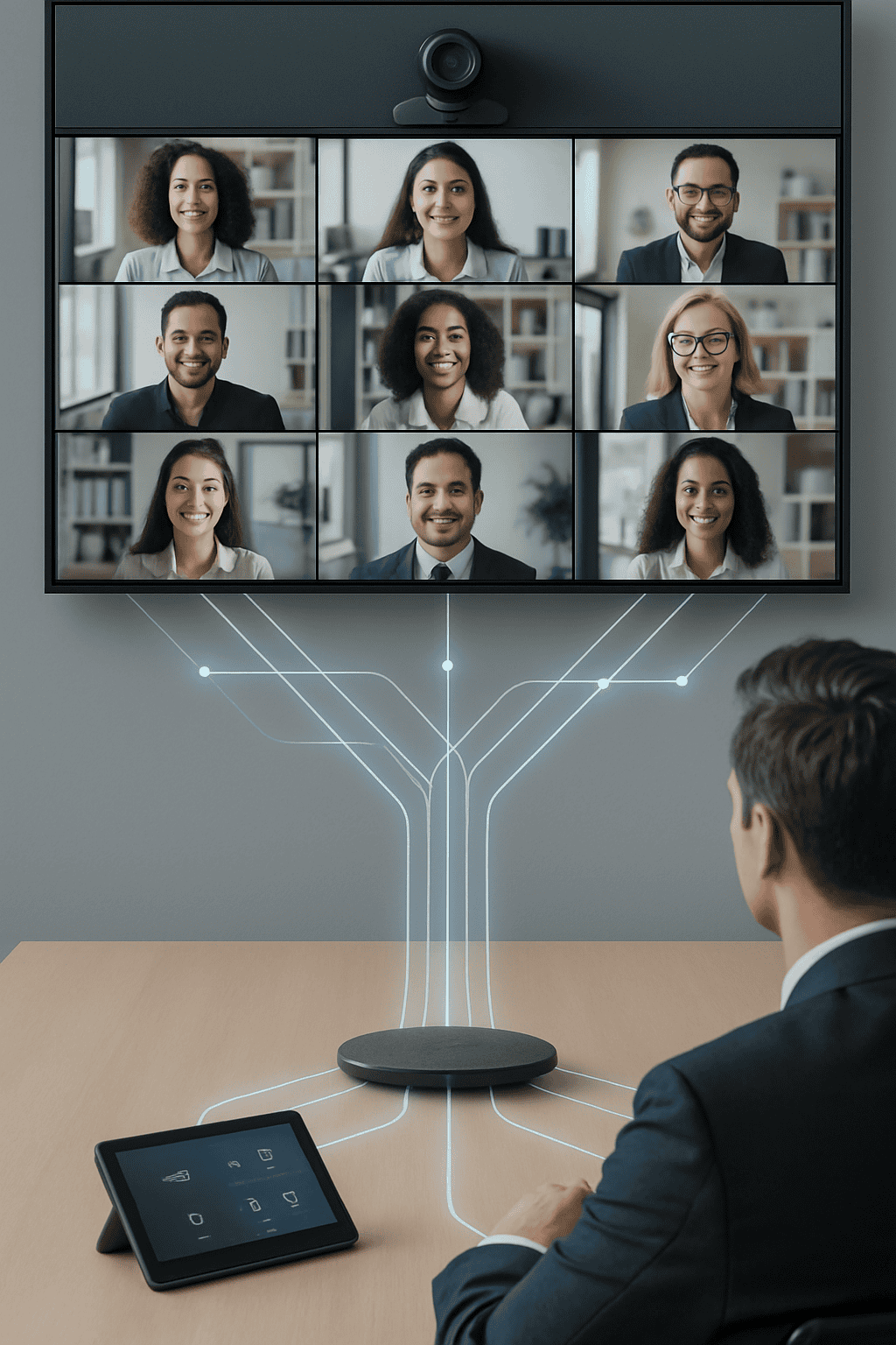 Business video conferencing setup showing a large display with multiple remote participants in a grid layout, connected by glowing digital lines to a conference room control system.