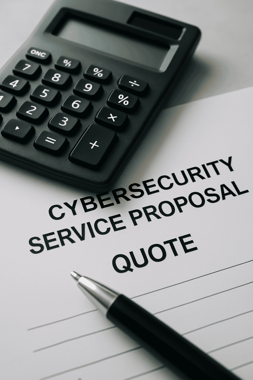 Close-up of a calculator and pen resting on a 'Cybersecurity Service Proposal Quote' document on a desk
