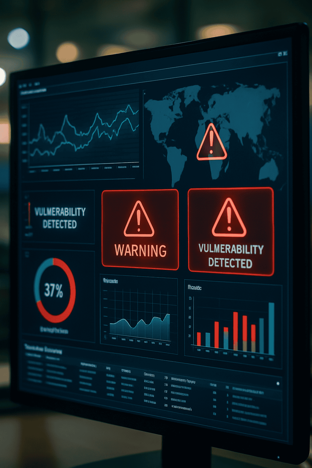 Close-up of a computer monitor displaying a cybersecurity dashboard with graphs and red warning icons indicating detected vulnerabilities