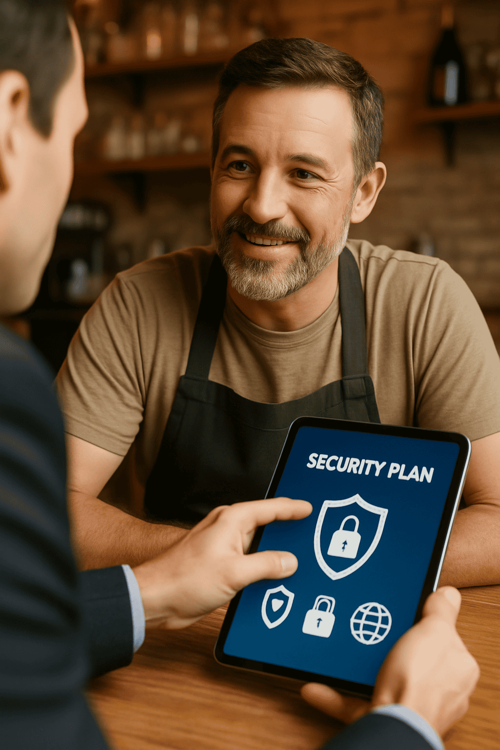 Consultant showing a security plan on a tablet to a small business owner in a cafe setting, representing tailored cybersecurity for small businesses