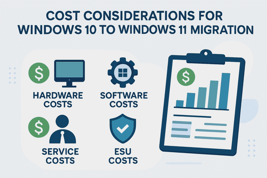 ost breakdown for Windows 10 to Windows 11 migration showing hardware costs, software costs, service costs, and ESU costs with budget planning chart