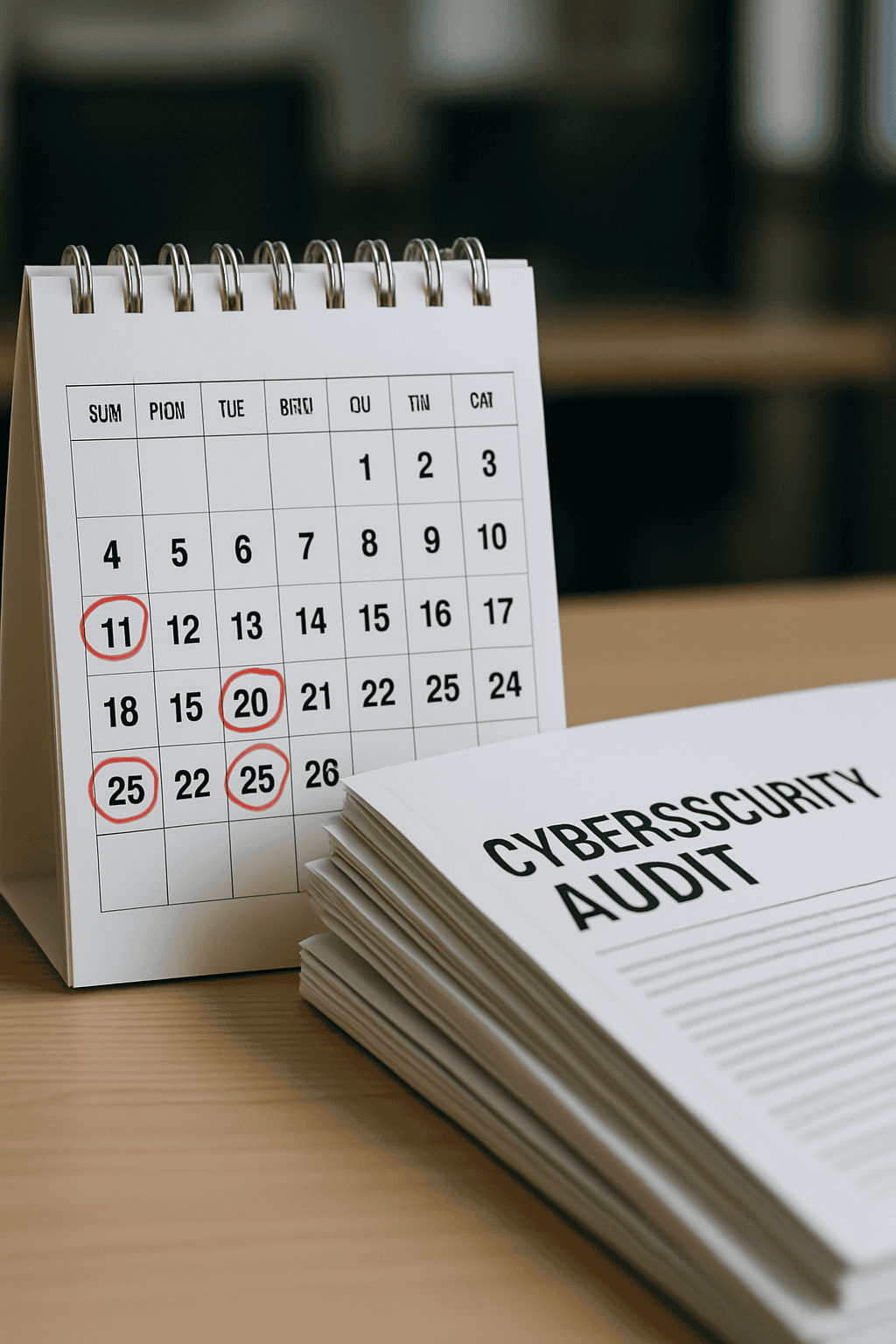 Desk calendar with circled dates next to a stack of cybersecurity audit reports on an office desk, signifying regular assessments