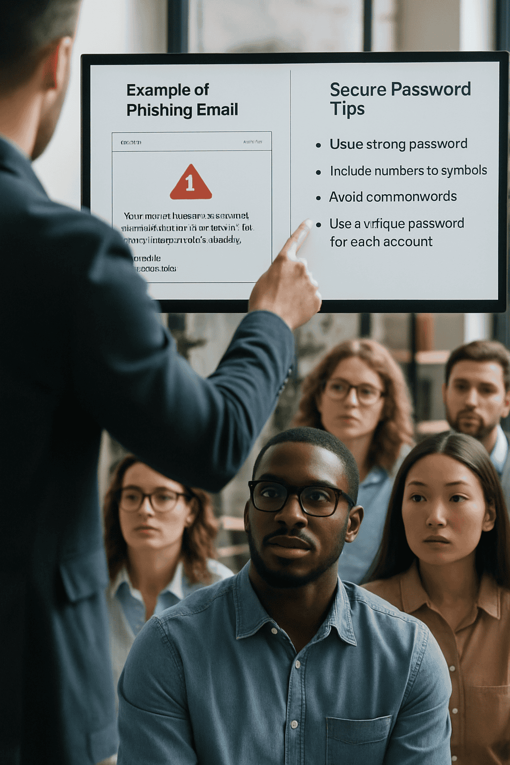 Diverse office staff attending a cybersecurity training session, focusing on a screen showing phishing email examples and password tips