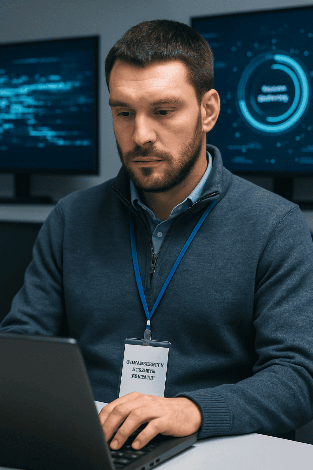 Focused cybersecurity professional working on a laptop in a control room with background screens showing data flow, representing incident response