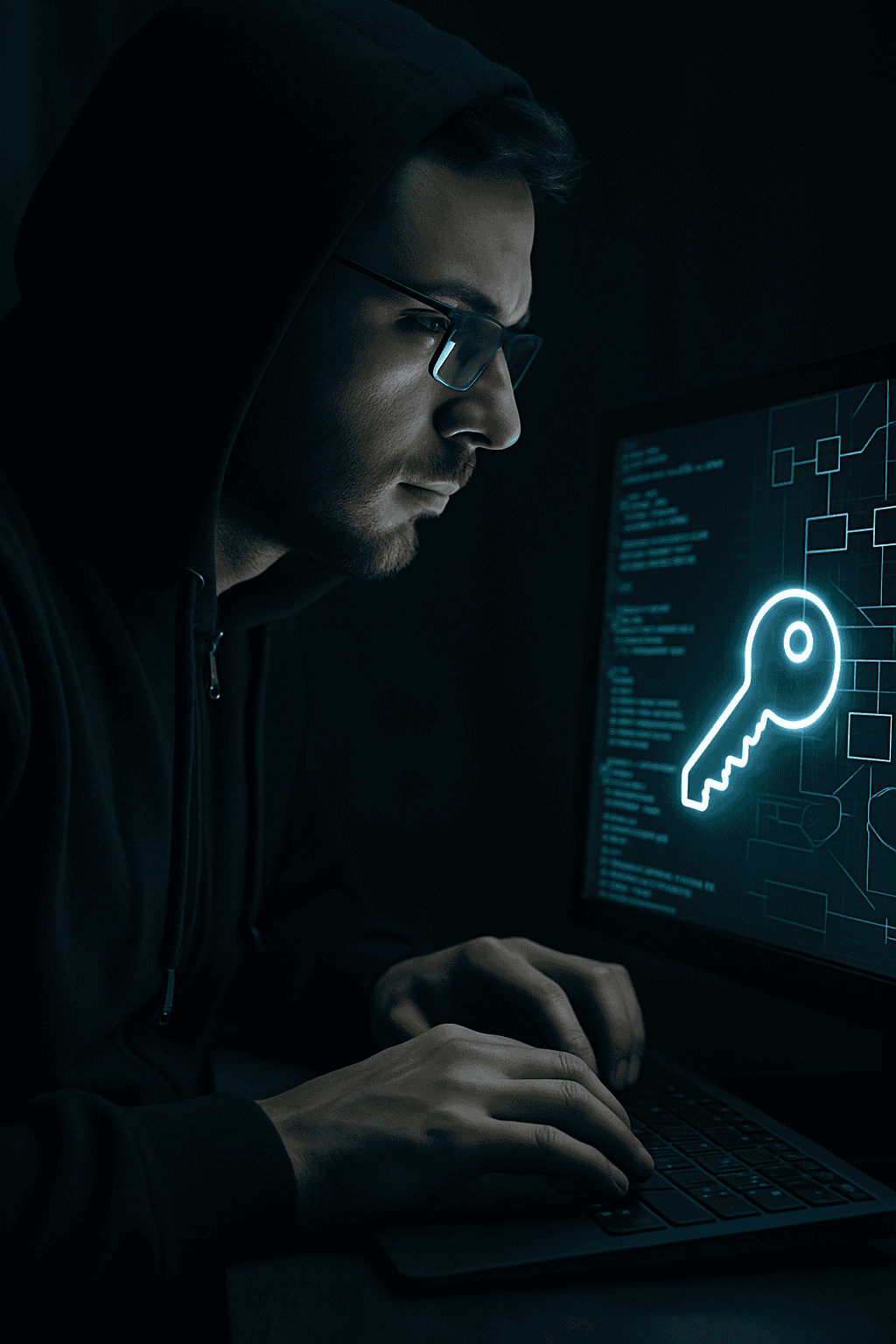 Focused ethical hacker in a dark setting typing on a laptop, with code and a glowing key icon on the screen, illustrating penetration testing