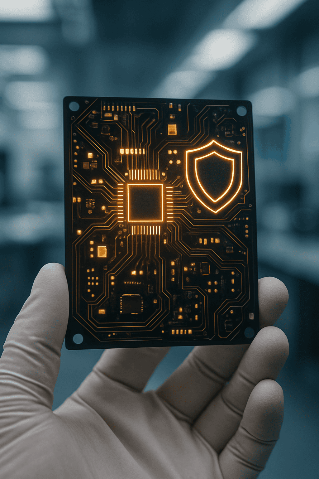 Gloved hand holding a custom circuit board with glowing components and a shield symbol, symbolizing unique cybersecurity technology