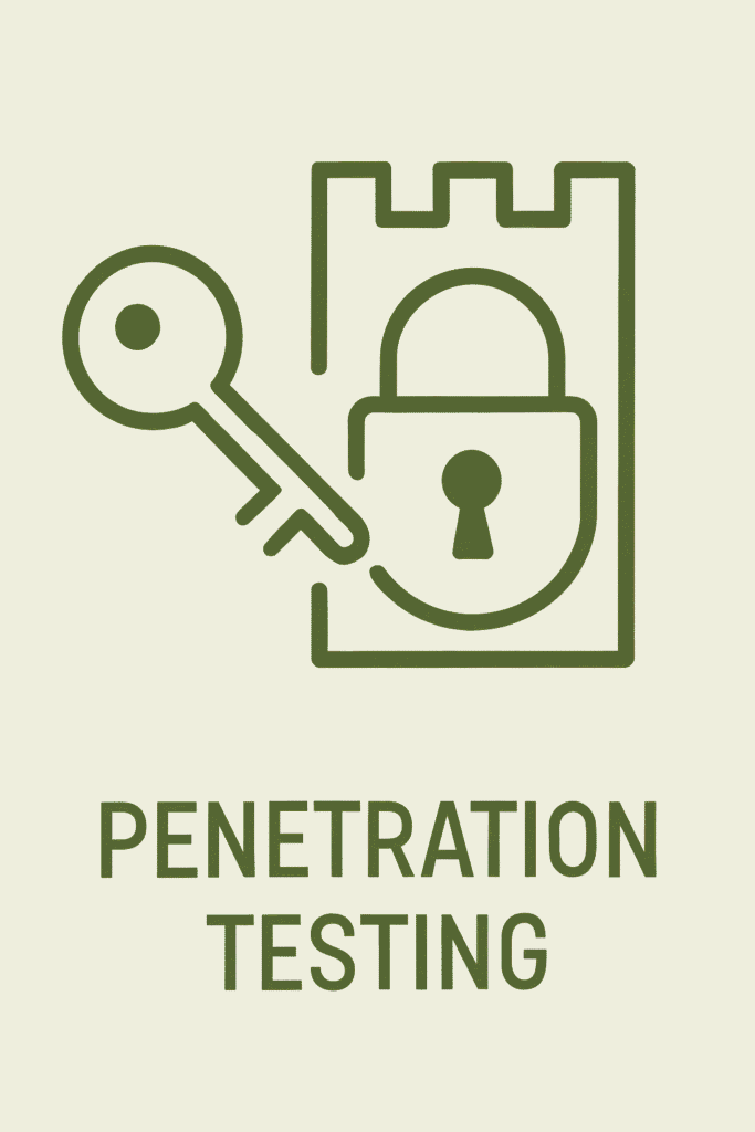 Green key icon aiming at a fortress lock, illustrating penetration testing concept