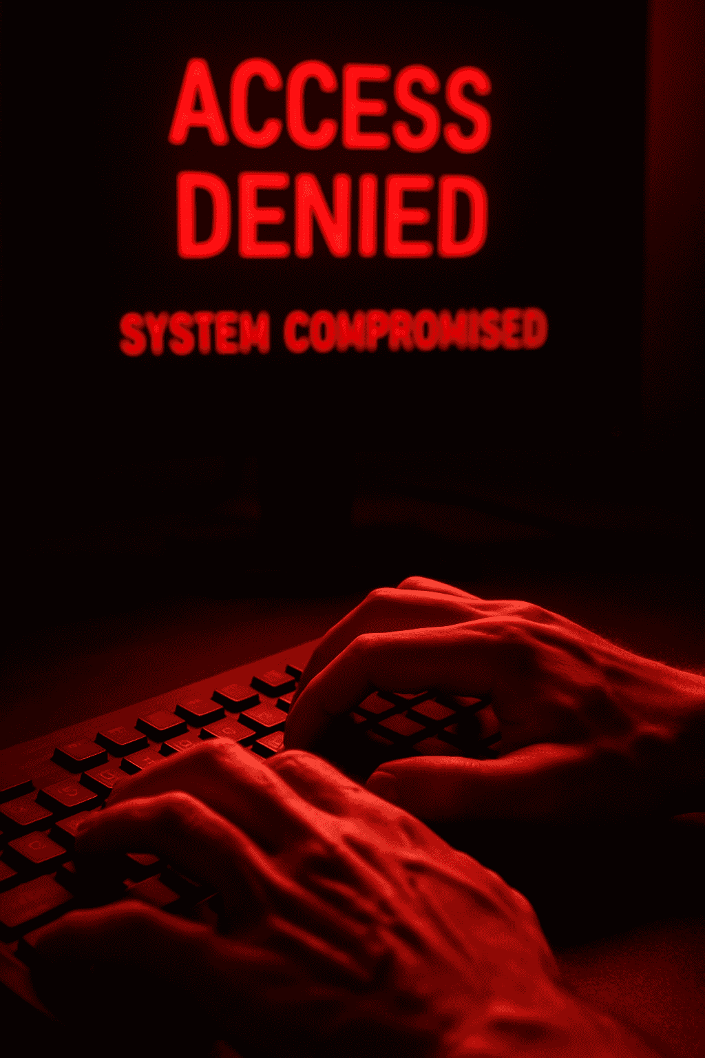 Hands urgently typing on a keyboard under red light, with a screen showing 'ACCESS DENIED SYSTEM COMPROMISED', depicting a cyber hack situation