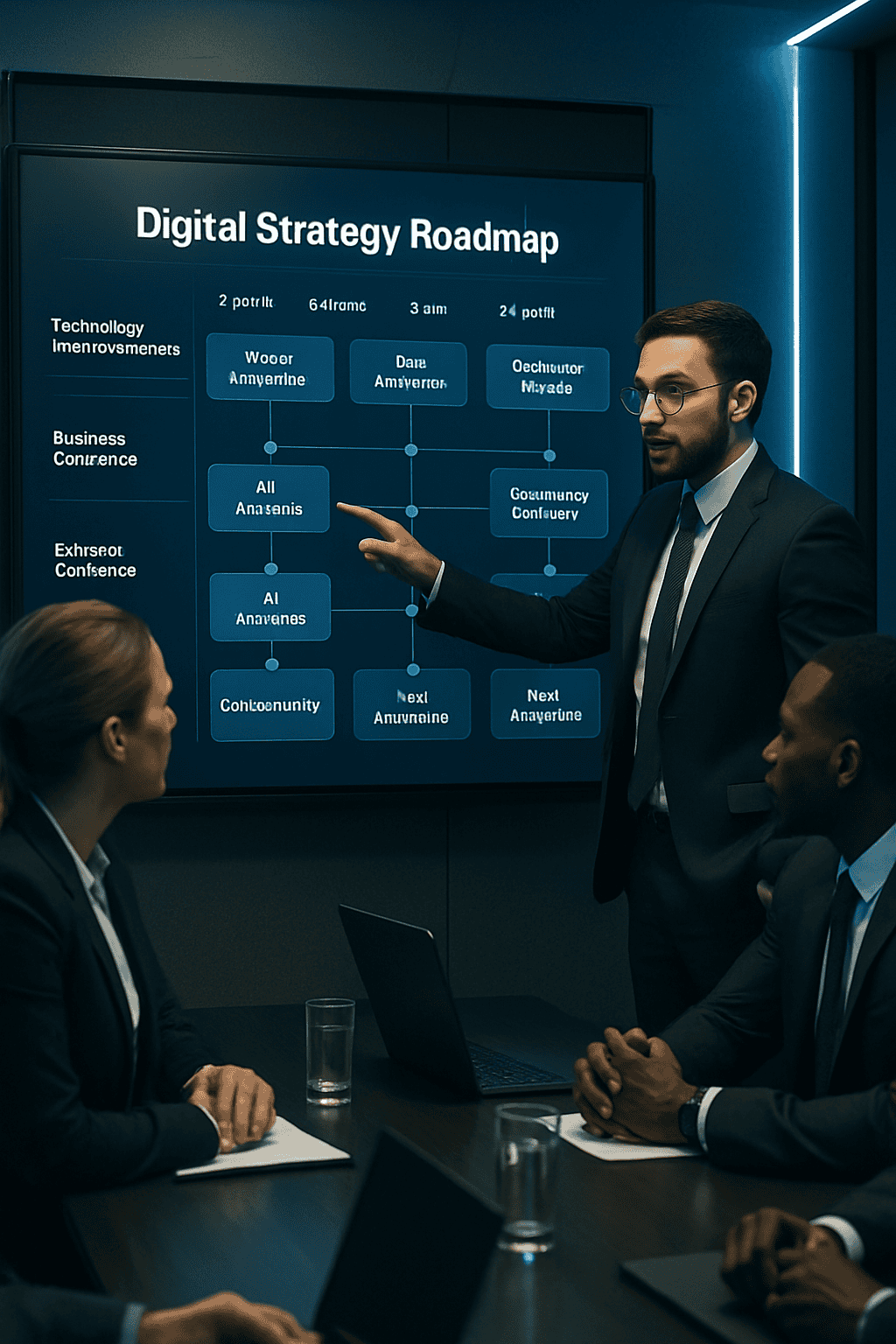 IT consultant presenting a digital strategy roadmap to business executives in a modern conference room with blue lighting, representing IT strategy and consulting services.