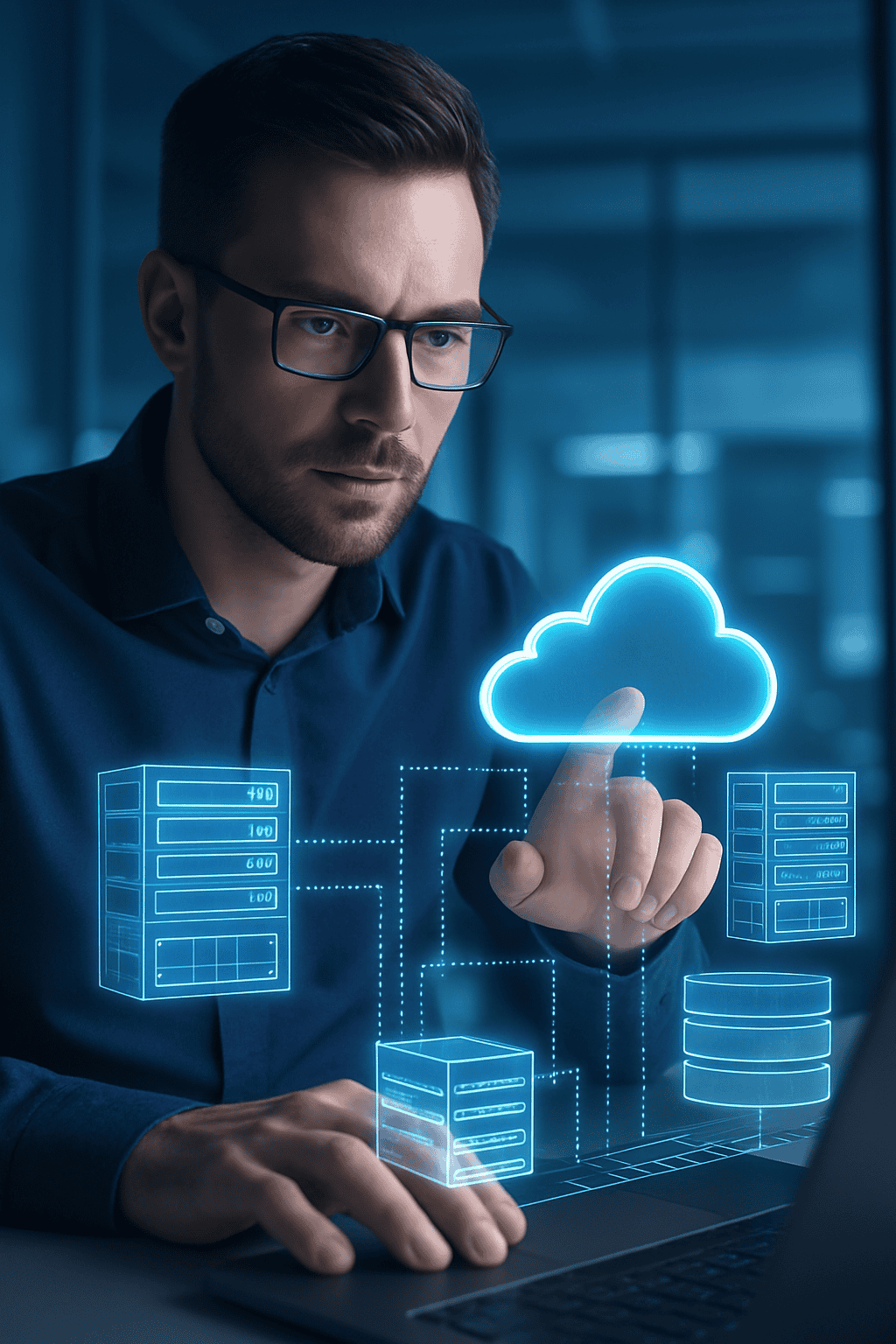 IT engineer interacting with holographic-style cloud infrastructure projections showing servers and data flows, demonstrating cloud services management.