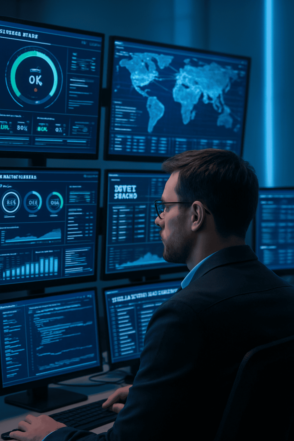 IT professional monitoring multiple screens displaying network status and system health metrics in a modern operations center with blue lighting, representing remote IT monitoring and management.