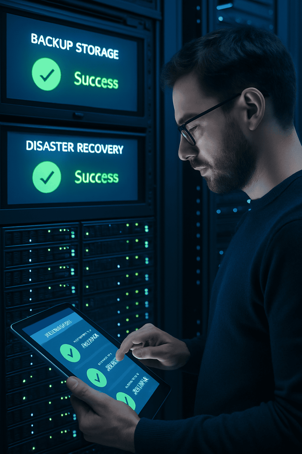 IT professional reviewing backup status on a tablet in a data center with storage arrays showing successful backup and disaster recovery status indicators.