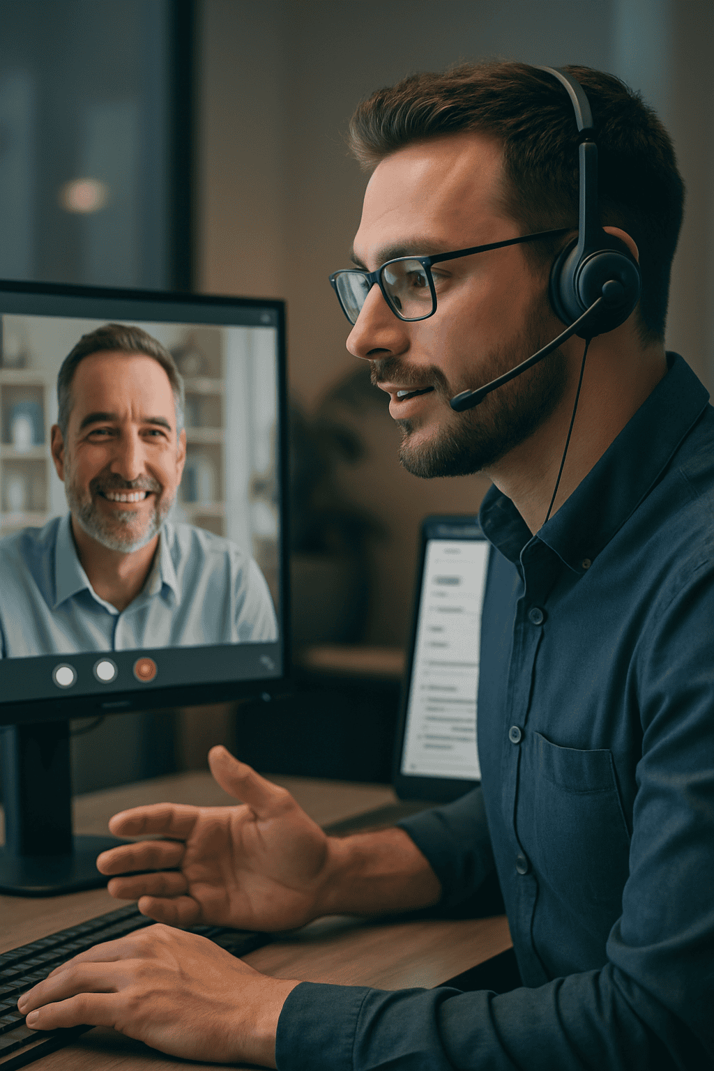 IT support specialist wearing a headset engaged in a video call with a client while accessing a ticketing system, illustrating technical support and helpdesk services.