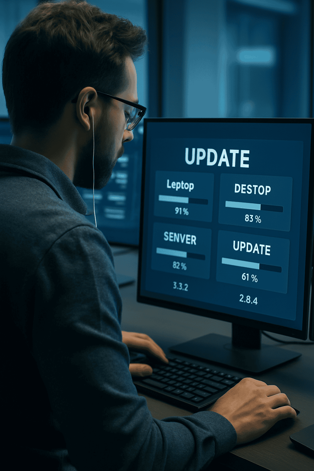 IT technician managing software updates on multiple systems through a dashboard showing update progress bars and version numbers across different devices.