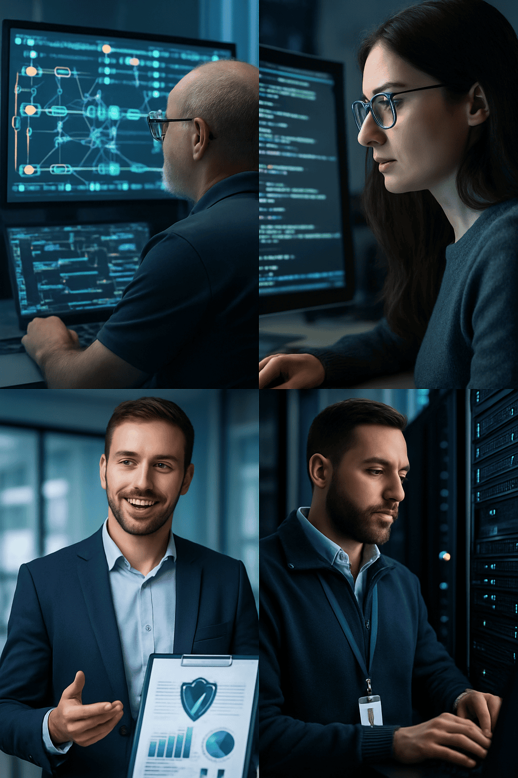 Montage of four cybersecurity professionals at work- monitoring networks, analyzing code, presenting reports, and checking servers, representing diverse service offerings