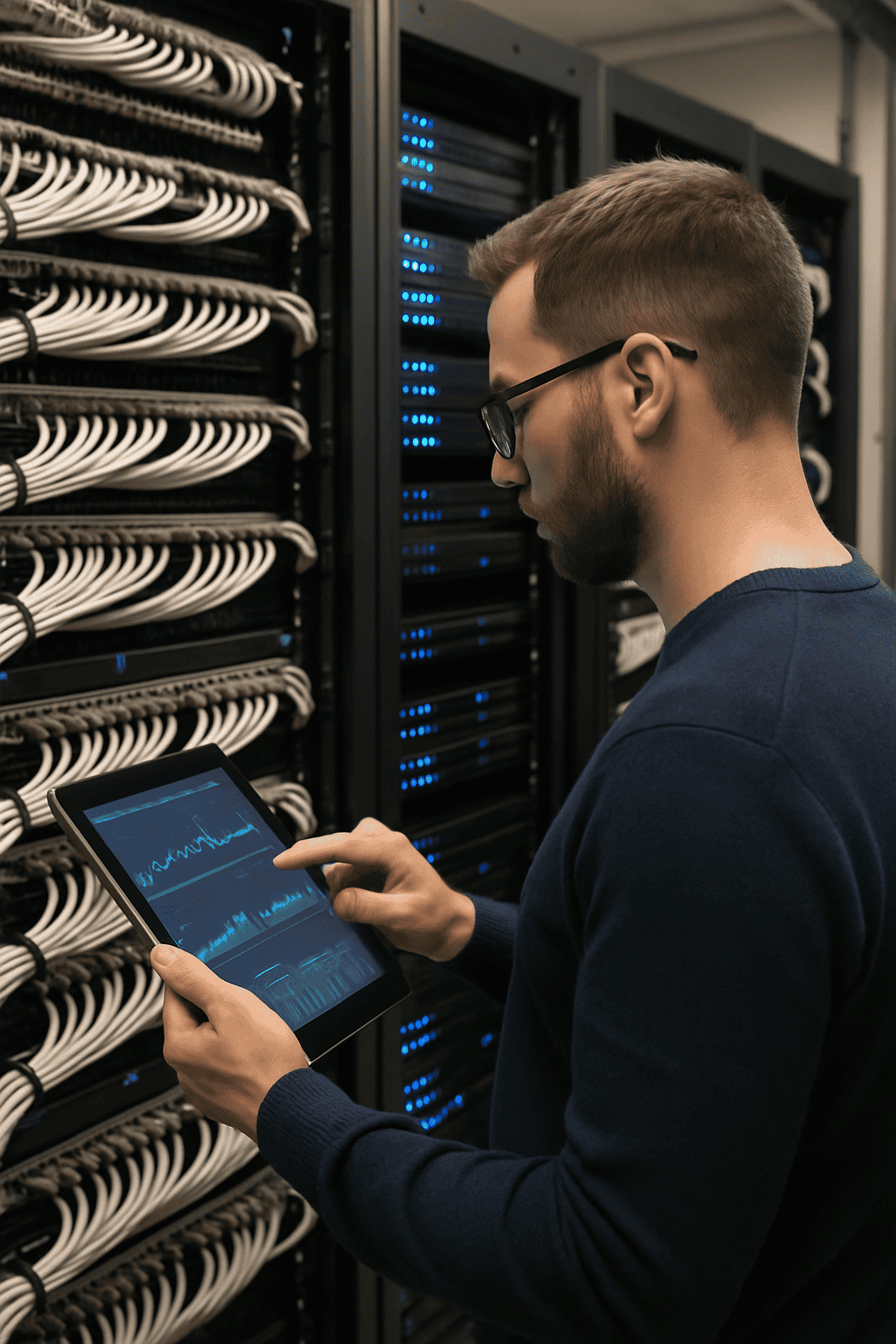 Network engineer using a tablet to monitor performance metrics while standing in a server room with organized racks and neatly bundled cables, representing network infrastructure management.