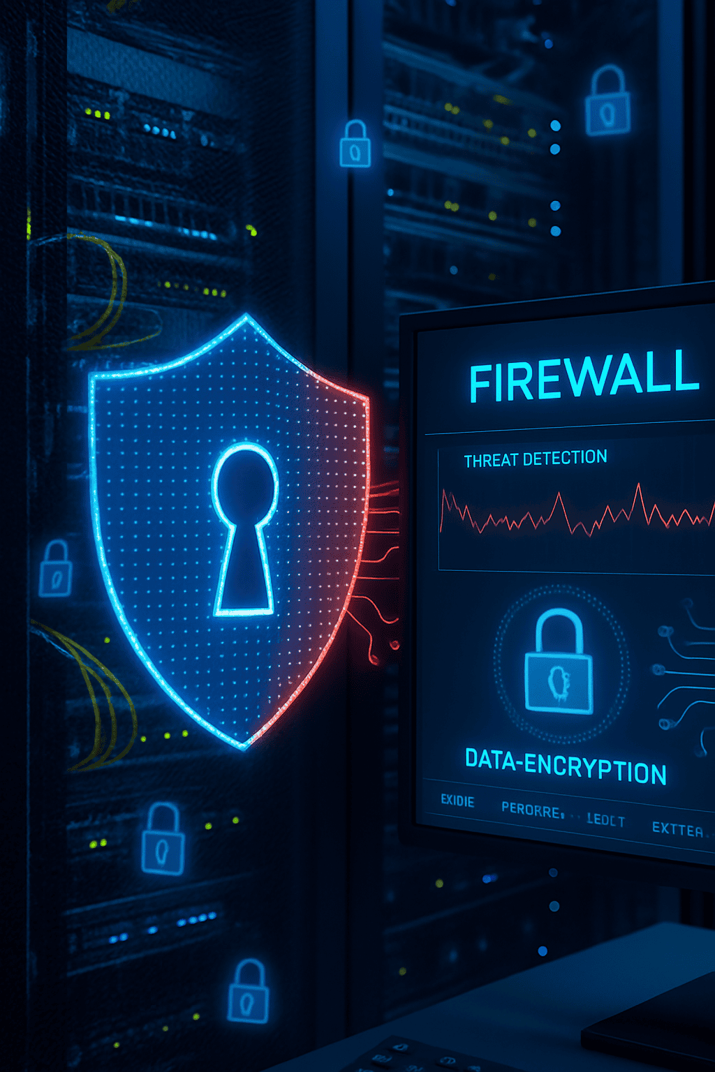 Network security visualization in a server room with a glowing blue and red shield icon and lock symbols, alongside a monitor displaying firewall threat detection and data encryption interfaces.