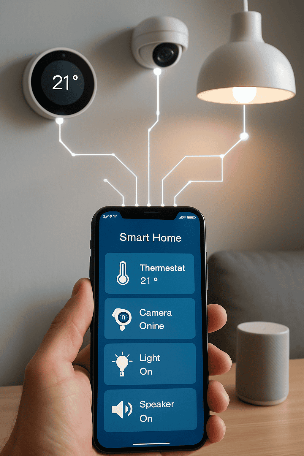 Smart IoT ecosystem showing a hand holding a smartphone with control app connected via glowing lines to smart devices including a thermostat, security camera, and smart lighting.