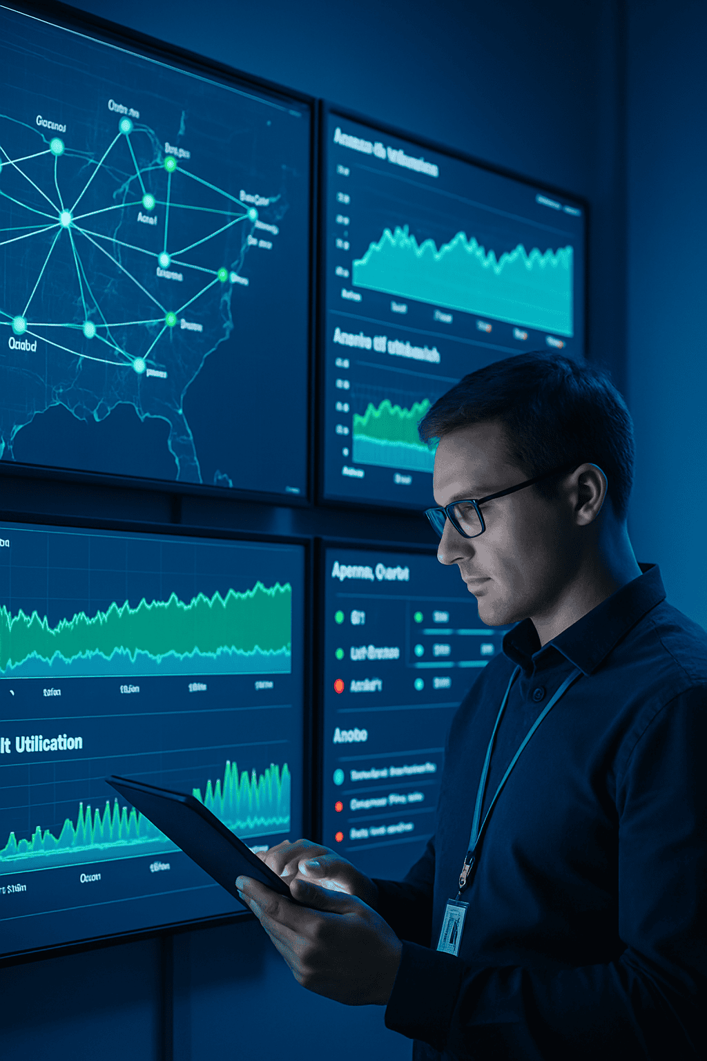 Telecommunications engineer monitoring network infrastructure on multiple screens displaying topology maps and bandwidth usage graphs in a blue-lit network operations center.