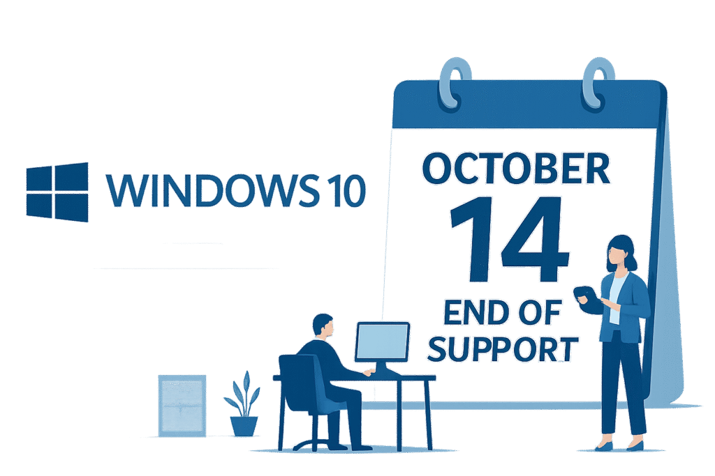 Windows 10 End of Support deadline calendar showing October 14, 2025 with small business office setting, highlighting the critical date