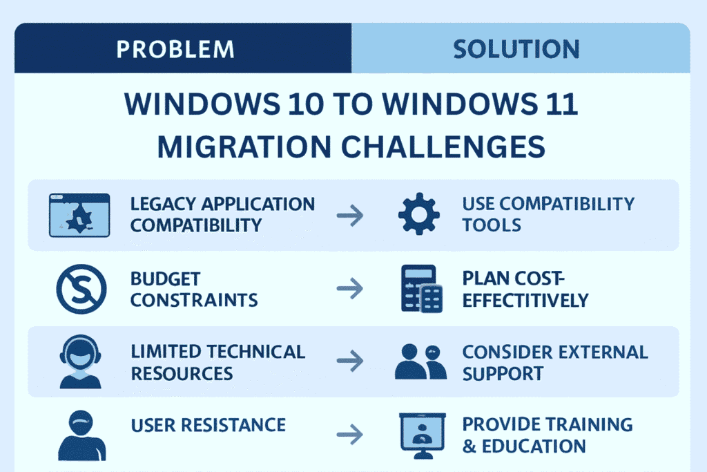 Common Windows 10 to Windows 11 migration challenges for businesses with practical solutions including application compatibility, budget constraints, technical resources, user resistance, and downtime concerns