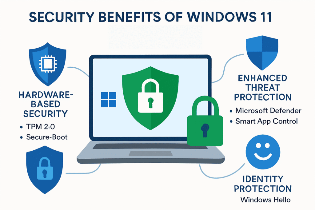 Security benefits of Windows 11 for businesses highlighting hardware-based security (TPM 2.0), enhanced threat protection (Microsoft Defender), and identity protection features