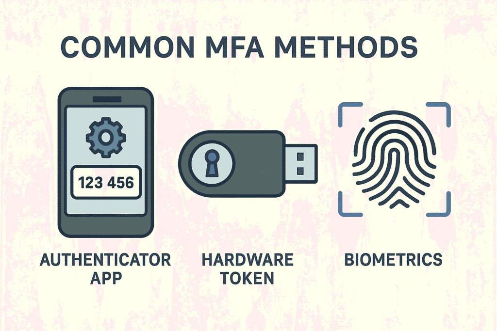 Illustration of common MFA methods for businesses: Authenticator App on phone, physical Hardware Token (USB key), and Biometrics (fingerprint icon).