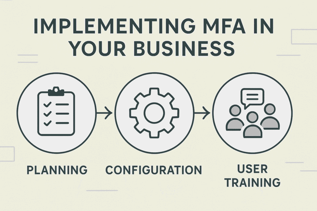 Flowchart showing the steps for implementing MFA in a business: Planning (checklist icon), Configuration (gear icon), and User Training (people icon).
