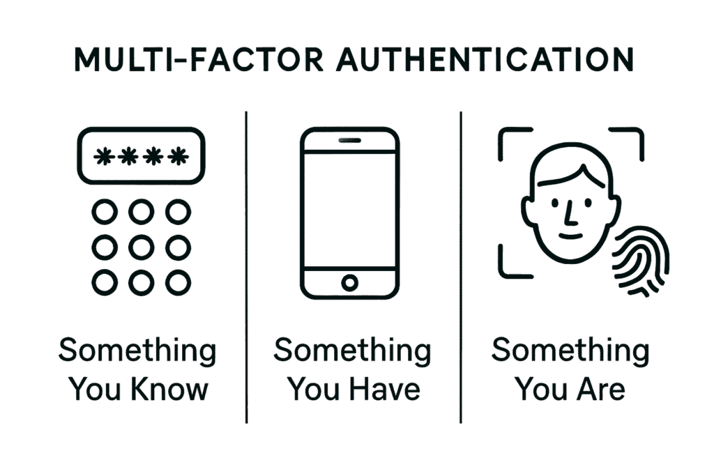 Diagram illustrating the three Multi-Factor Authentication (MFA) factors: Something You Know (password icon), Something You Have (phone icon), and Something You Are (biometric icon).
