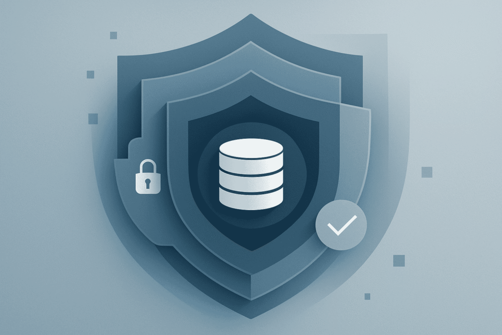 Conceptual image explaining Multi-Factor Authentication (MFA) with layered shields protecting a central database icon, signifying layered security.