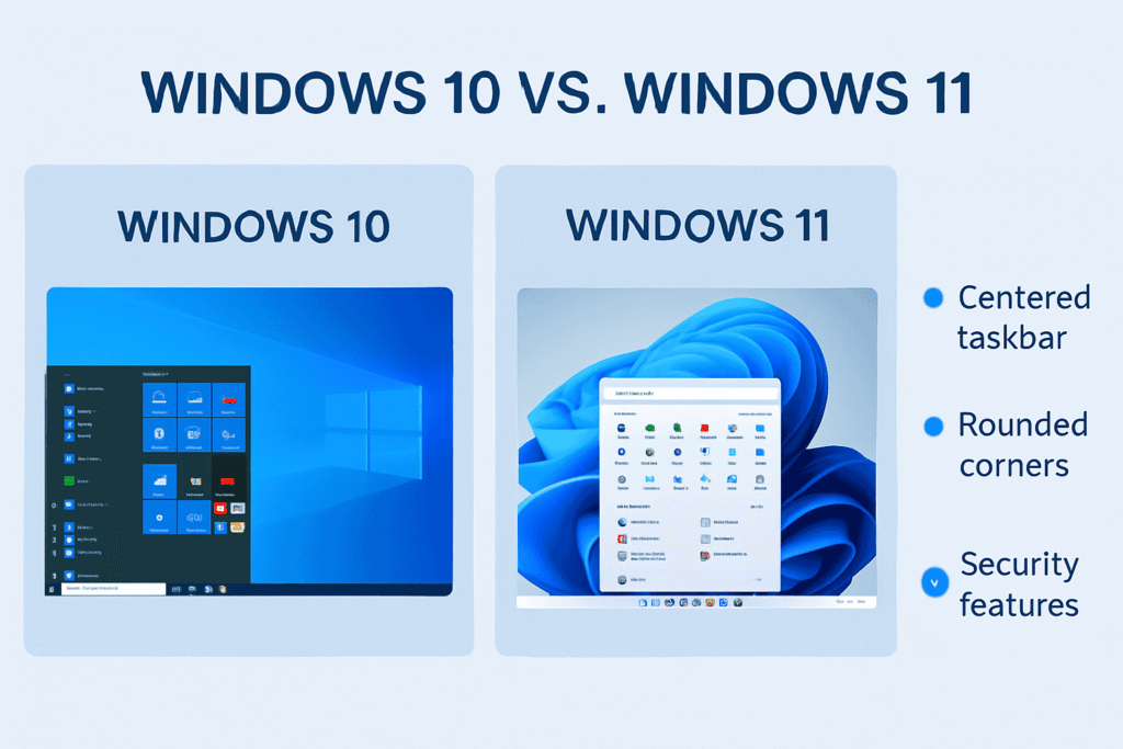 Side-by-side comparison of Windows 10 and Windows 11 interfaces highlighting key differences including centered taskbar, rounded corners, and enhanced security features