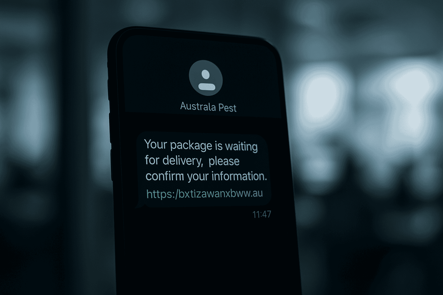 A close-up of a smartphone screen displaying a fake Australia Post text message with a suspicious link, set against a blurred office background. This image represents the deceptive nature of these scams.
